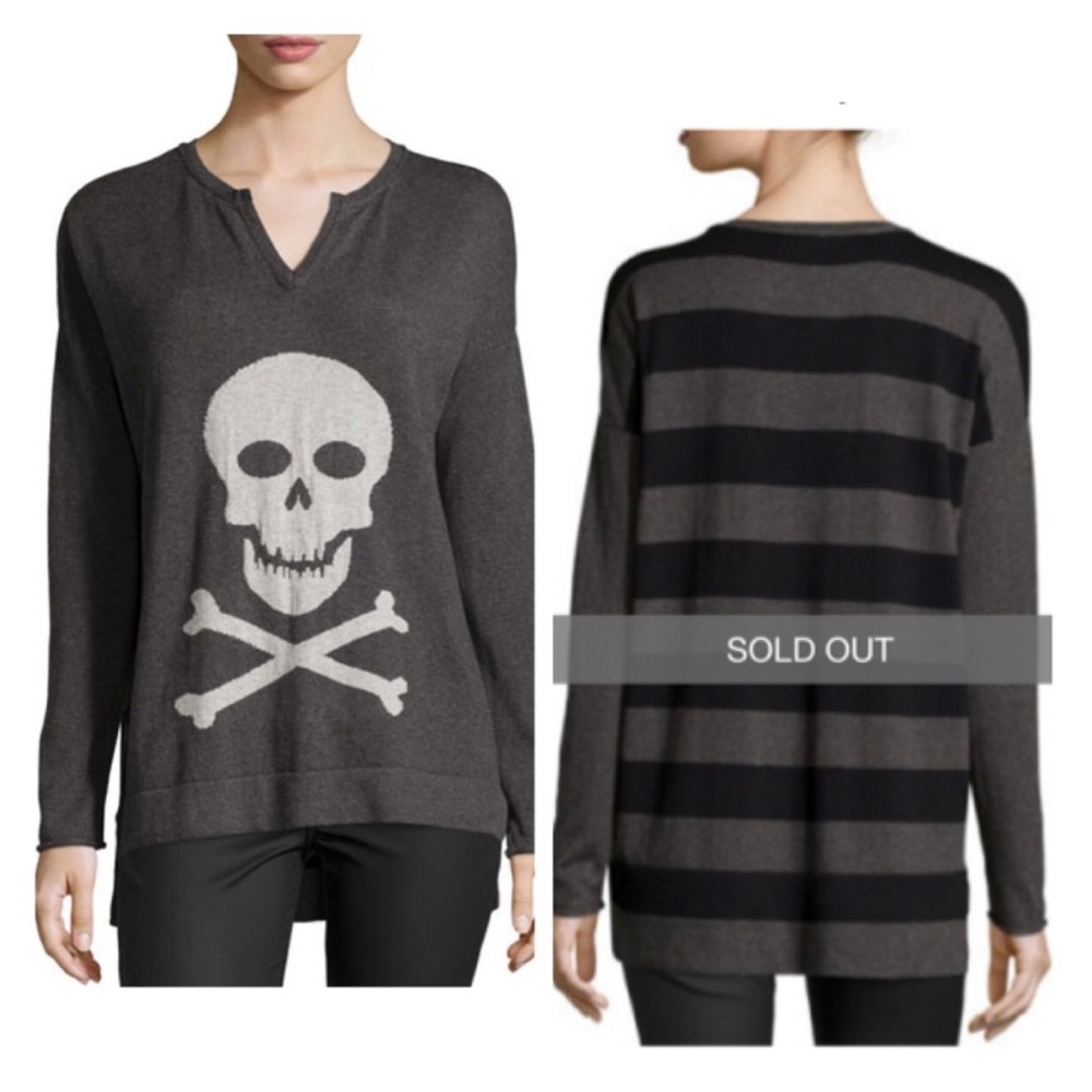 Lisa Todd Split Neck Cotton Cashmere Skull Striped Sweater Gray Black S